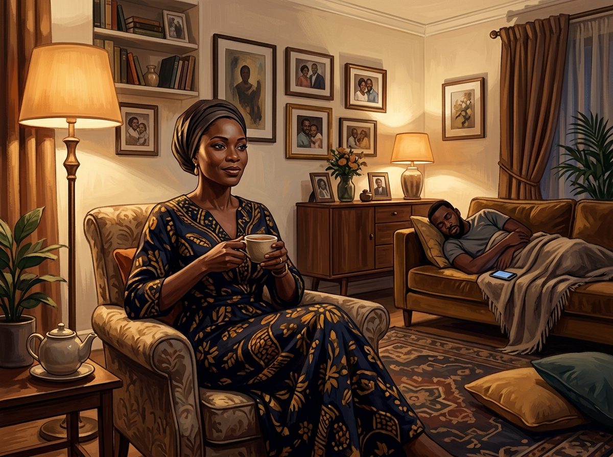 A composed Nigerian wife, reflecting with dignity